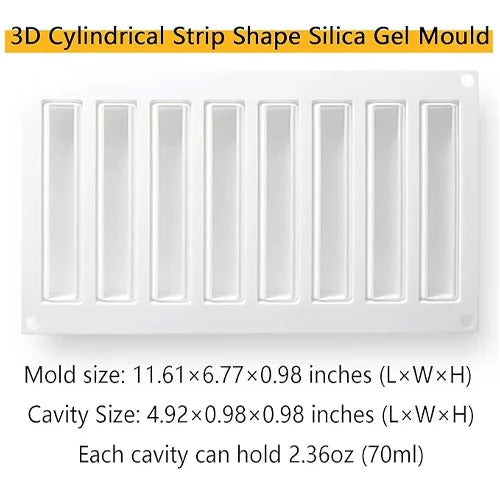 8 Cavity Cylindrical Strip Shaped Ice Cream, Chocolate Mousse cake Silicone Mould 1pc