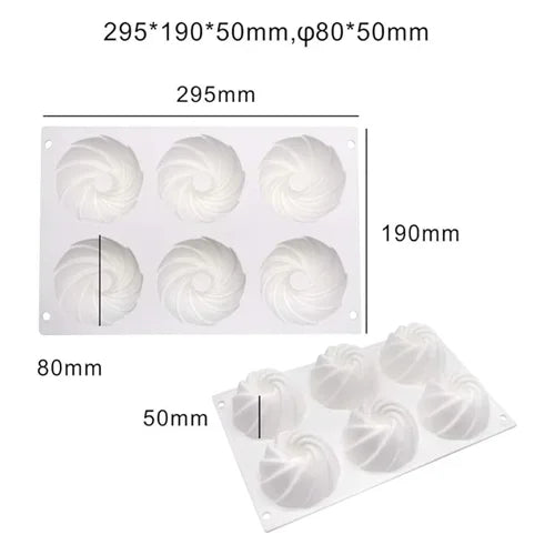 6 Cavity Round Spiral Shaped Ice Cream, Chocolate Mousse cake Silicone Mould 1pc