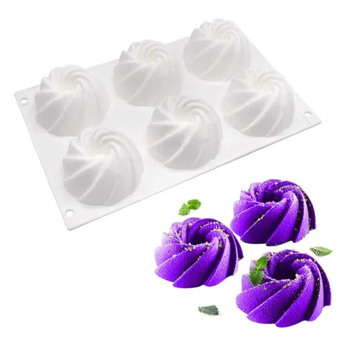 6 Cavity Round Spiral Shaped Ice Cream, Chocolate Mousse cake Silicone Mould 1pc