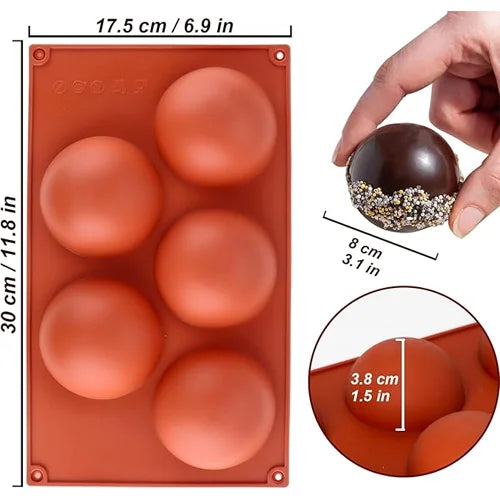 5 Cavity Semi Sphere Round Shaped Ice Cream, Chocolate Mousse cake Silicone Mould 1pc
