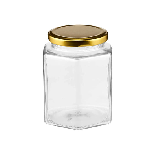 Hexagonal Glass Jar with Gold Lid 280ml